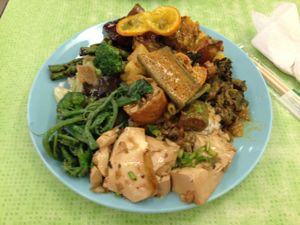 mixed rice plate including laksa, tofu & veg dishes at Liew Chai Vegetarian in Kota Kinabalu