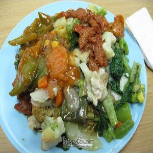 Plate of food at Liew Chai Vegetarian in Kota Kinabalu
