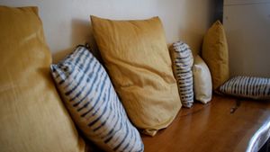 bark bench with pillows at Local Juicery in Flagstaff