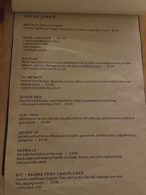 Vegan Junkie menu at The Kasbar in 