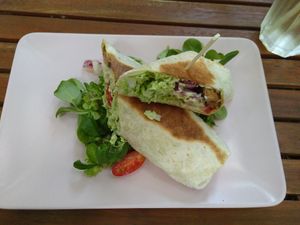 Tortilla wrap with tofu, "gyros", vegetables and 'soyannaise' at Natureza in Prague