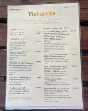 the current food menu  at Natureza in Prague