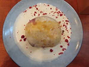 Vegan yeasted dumpling dessert at Natureza in Prague