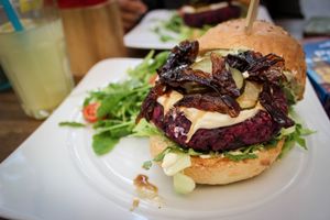 black-bean and beetroot burger at Natureza in Prague