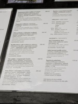 Menu at Natureza in Prague