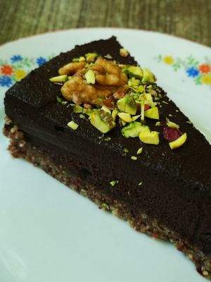 Raw chocolate cake with nuts and dates at Natureza in Prague
