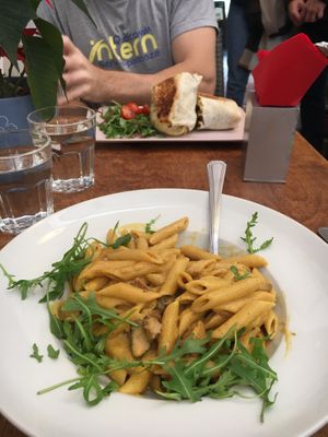 Tempeh wrap and mac n cheese at Natureza in Prague