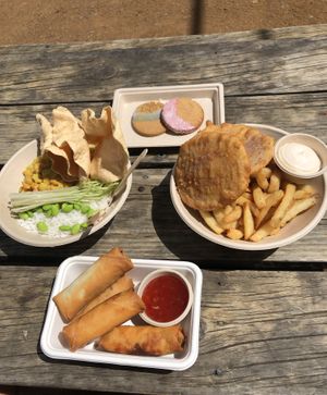 Springs rolls, fries and 2 potato cakes & the rice curry edamame! And 2 ginger cookie free for Valentine’s day 😍  at Bonorong Wildlife Sanctuary Kiosk and Shop in Brighton