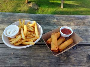 Chips with aioli, and spring rolls with sweet chilli sauce at Bonorong Wildlife Sanctuary Kiosk and Shop in Brighton