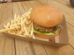 Burger and fries at Bonorong Wildlife Sanctuary Kiosk and Shop in Brighton