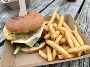 Vegan burger with cheese and hash brown   at Bonorong Wildlife Sanctuary Kiosk and Shop in Brighton
