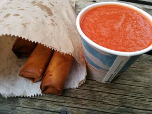 spring rolls and tomato soup at Bonorong Wildlife Sanctuary Kiosk and Shop in Brighton
