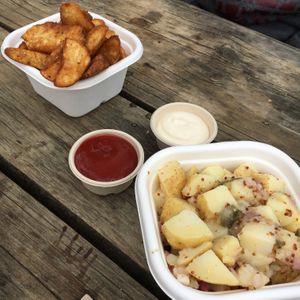 Mustard potato salad plus wedges with garlic aioli and tomato sauce  at Bonorong Wildlife Sanctuary Kiosk and Shop in Brighton