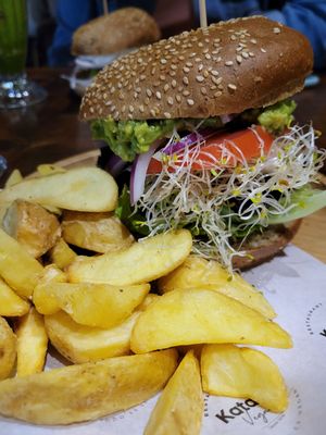 Chucuchen - Black bean burger and fries. Burger patty was pretty burnt and fell apart but not terrible at Katako Veg in Santiago