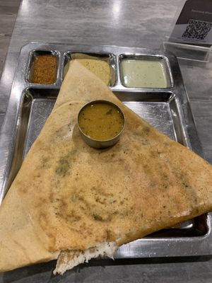 Onion and chilli masala dosa. This was disappointing because the chilli was literally a big inch of chopped green chillies and lightly fried chopped onion placed in a masala dosa.  at Saravana Bhavan in Melbourne