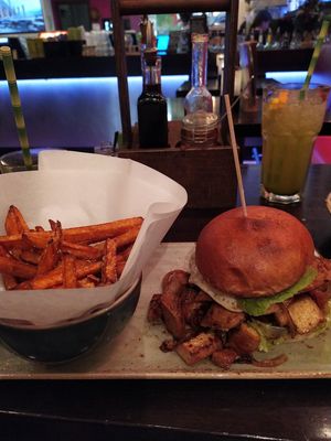 Delicious tofu burger with sweet potato fries at Kittichai - Ehrenstr in Cologne