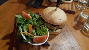 Quinoa Burger with a side of Green Salad at Reflections Restaurant in Lake Tekapo