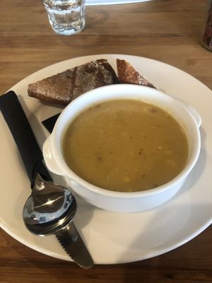 Soup of the day (vegan potato, leek and corn). The bread is amazing at Reflections Restaurant in Lake Tekapo