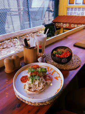 Mushrooms on toast and tropical smoothie bowl  at Cafe Secret Alley in Kandy