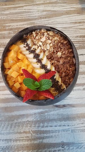 Vegan mango and banana smoothie bowl :) at Cafe Secret Alley in Kandy