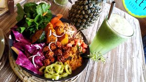 Delicious and colorful bliss bowl with tofu and an assortment of veggies. at Cafe Secret Alley in Kandy