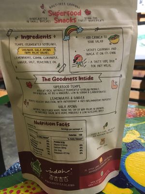 Nutritional info on their new gula apong tempe.  at Indah Cafe in Kuching