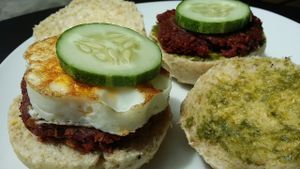 Vegetarian & vegan burgers. All made at Indah Cafe. Including the buns@ at Indah Cafe in Kuching