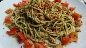 Pesto pasta. Made with two types of basil leaves.  at Indah Cafe in Kuching