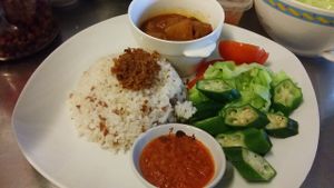 Veggie Delight. Sweet potato curry in coconut milk. Torch ginger flower sambal at Indah Cafe in Kuching