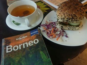 Vegan burger and green tea at Indah Cafe in Kuching