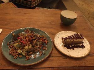 Zoodle Alfredo and chocolate peanut butter cheesecake  at Surya Cafe in Fitchburg