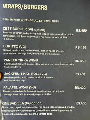 menu  at Zest in Agonda