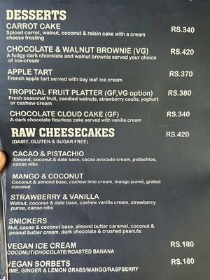menu  at Zest in Agonda