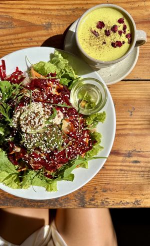 nourish salad (no avocado because they were out) and a golden latte - 420Rs/240Rs  at Zest in Agonda