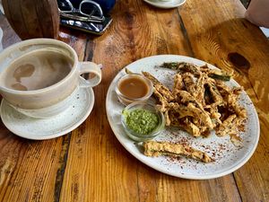 Okra fries! The mint/coriander dip is awesome.   at Zest in Agonda