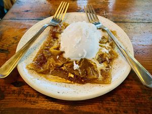 Ask for this warm vegan caramelised pineapple pancake with coconut ice cream.... Don't make the mistake of getting two forks like I did though! 😜  at Zest in Agonda