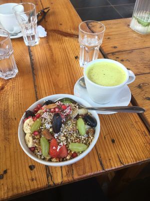 Smoothie bowl & golden latte  at Zest in Agonda