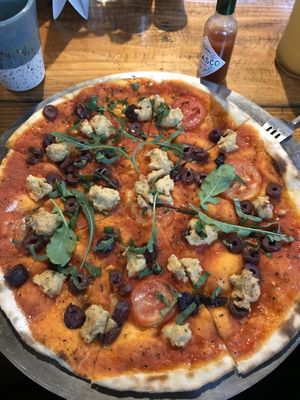 Vegan Pizza with UNREAL cashew cheese! So good! at Zest in Agonda