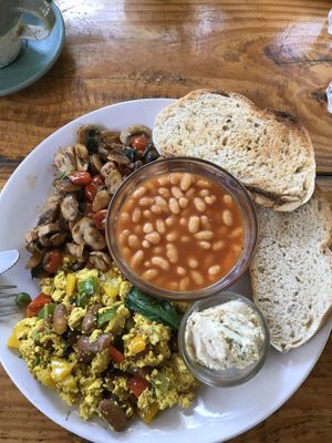 Vegan breakfast with tofu scramble and cashew cheese  at Zest in Agonda