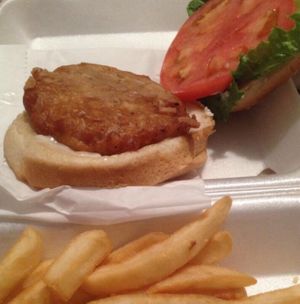 chicken burger with fries  at Vegan House in Los Angeles