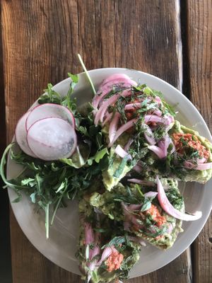 The Avocado Tartine with Hot Ajvar and Pickled Onions! at Frontier Cafe in Yucca Valley