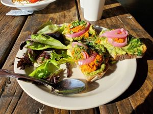 Delicious avocado tartine at Frontier Cafe in Yucca Valley