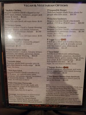 Vegan menu at Legacy Pub in Lafayette