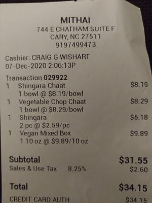 Pricing (not the same as their online Menu) at Mithai Indian Cafe in Cary