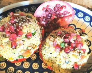 Stuffed Peppers- with cous cous, pomegranate jewels and chia seeds for those essential plant based omega 3 fatty acids! at Beetroot Healthy Food and Veggie Island in Maynooth