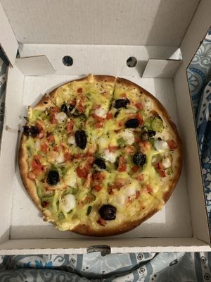 Small Vegan Greek pizza at Hilton Pizza in Hilton