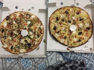 Vegan Works (w added Oliana feta) and Vegan Greek (right) at Hilton Pizza in Hilton