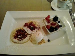 Raspberry-Pancakes with coconut-creme and wood-berrys and icecream - all vegan at Ringhotel Die Gams in Beilngries