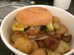 Burger with chicken like tofu and spinach/courgette topping  at Green Love in Marseille
