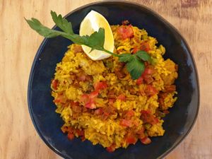 Paella with vegan "chicken " and "chorizo" at Green Love in Marseille